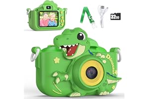 KIZJORYA Kinderkamera, 1080P Kinder Kamera Dinosaurier Spielzeug, 2,0" Bildschirm Fotoapparat Digitalkamera Spielzeug Geschenk für Jungen Mädchen 3 4 5 6 7 8 9 10 Jahre, 32 GB SD-Karte und Silikonhülle (Grün)