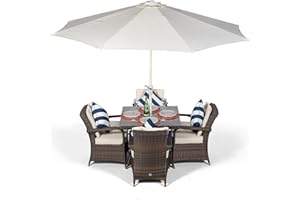 GIARDINO Arizona Luxury Rattan Dining Set | Square 4 Seater Brown Rattan Dining Set | Outdoor Poly Rattan Garden Table & Chairs Set | Patio Conservatory Wicker Garden Dining Furniture with Parasol & Cover