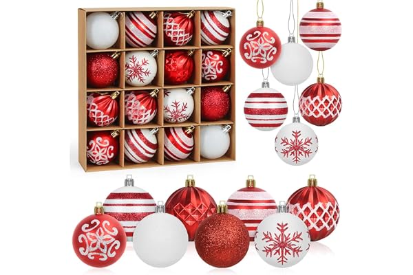 Julgranskulor, röda och vita, 16 st, i set, hängande juldekorationer