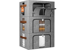 NiuBeBe Cajas Almacenaje Ropa Apilables: Caja Plegable con Estructura Metálica para Guardar Ropa Tela, Fundas y Bolsas en Armario y Debajo de las Cama (Gris 3x100L)