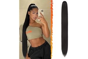 BARSDAR Lang Glattes Pferdeschwanz Verlängerung, 86CM Kordelzug Schwarz Braun Zopf Pferdeschwanz Haarverlängerungen Synthetik Pferdeschwanz Haarteil Clip Pferdeschwanz für Damen (Schwarz Braun)