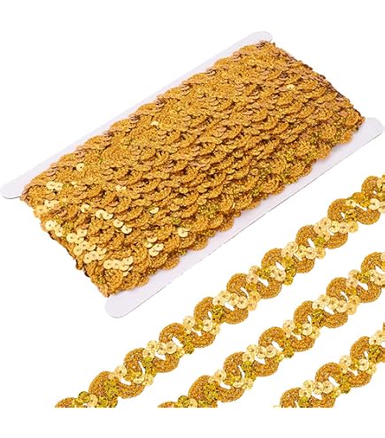 Garniture Paillettes Dorées élastiques 10m Ruban Paillettes PandaHall 10m - Doré Élastique 48mm - Pour Couture Robes Déco Costumes Garniture Brillante Robe Artisanat