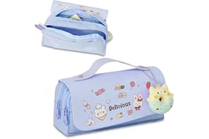 DBPBToU Trousse Scolaire Filles, Jolie Trousse Grande Capacité avec 3 Compartiments, Pencil Case en Tissu Oxford et Cuir PU, Trousse Enfant Portable pour École (breloque Chaton Bleu)