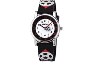 KZKR Montre Enfant pour Garcon Montre d'enfant Montre Pédagogique Enfant Garçon Quartz Bleu Silicone Motifs 3D Affichage Analogique KW092 Noir Football