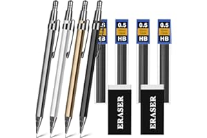 OFFCUP Zestaw metalowych ołówków mechanicznych, 4 szt., ołówek kreślarski, 0,5 mm, automatyczny ołówek do kreślenia artysty z 4 wkładami ołowiowymi, 2 gumki, etui do pisania w szkole, rysowania