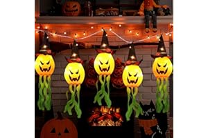 HBSFBH Fantasma de Manga de Viento de Halloween, 5 Piezas Fantasmas Colgantes con Sombrero de Bruja, Fantasma Halloween con Luz LED, Colgar Fantasmas Luminosos al Aire Libr, para Jardín, Patio, Fiesta