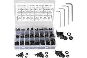 FandWay 720 Piezas Tornillos de Cabeza Avellanados Hexagonal Tornillos de Cabeza Plana Allen M3 M4 M5 M6 Tornillos de Máquina Rosca Completa Acero al Carbono 10.9 Negro con Tuercas Arandelas 4 llave.