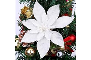 GL-TURELIFES GL-Turelfies - 12 flores de Navidad con purpurina (16 cm) con 12 clips, flores artificiales de Pascua para árbol de Navidad, adornos para árbol de Navidad (blanco)