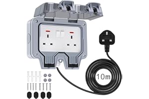 Powerole 10M Outdoor Socket Waterproof Extension Lead, Double Socket with 10M Outdoor Extension Lead Waterproof, IP66 13Amp 2 Gang Switched Cover, Weatherproof Wall Plug Box