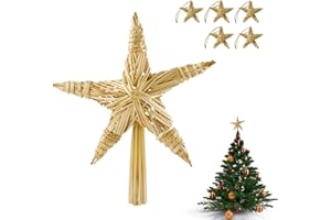 Yuning Weihnachtsbaum Spitze 30 cm Christbaumspitze Stern,Groß Strohsterne Weihnachtsbaum mit 5 Strohsterne Ø 6 cm Christbaumschmuck,Natürlicher Handgemachter Strohsterne Baumschmuck