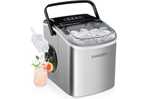 EUHOMY - Macchina per il ghiaccio, 12 kg in 24 ore, 9 cubetti di ghiaccio in 8 minuti, acciaio inossidabile, macchina per il ghiaccio perforante con manico per il trasporto, cucchiaio, per