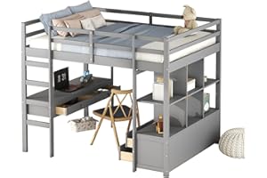 Azkoeesy Cama alta con escritorio, 140 x 200 cm, con cajones, con estante de almacenamiento, cama juvenil, litera, cuna, cama infantil, madera de pino, gris