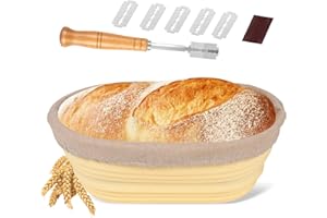 JAOBHAHY Cestino Lievitazione Pane Ovale in Silicone, Cestini Lievitazione Pane da 26 cm, Pieghevole, Facile da Pulire, con Taglierino, per Panificatori Professionisti o per Uso Domestico