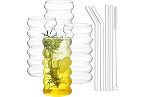 ALINK Prążkowane szklanki do wody ze słomkami, zestaw 4 sztuk, estetyczne szklanki do kawy mrożonej, faliste bąbelki, szklanki, do koktajli, mleka, sody, prezent