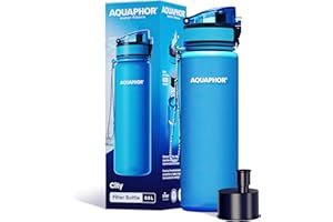 AQUAPHOR City Filterflasche 500ml Blau I Flasche mit Wasserfilter für unterwegs I Filter mit Aktivkohle I Filtert Chlor I Aus Tritan & BPA-frei I Für besseren Geschmack & Geruch des Wassers