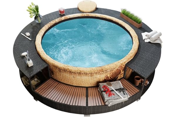 Festnight Garden Rattan Spa Outdoor,Cadre de Spa,Contour de Spa en polyrotin Noir