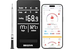 BBQOVN WiFi Sub-1g Wireless Meat Thermometer Unlimited Range, Check Temp Anywhere,7 NIST Certified Sensors with Ambient Temp Smart Digital Base,Monitor for BBQ, Grill,Oven, Smoker. (1, Black, Small)