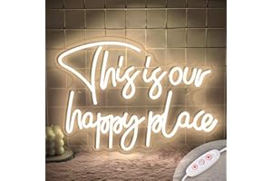 BEALITY This is Our Happy Place Neon Sign, Warm White LED Neon Light Personalised Neon Letters Light Up Signs USB Powered, Dimmable Neon Light Sign Wall Decor for Bedroom Livingroom Bar Party