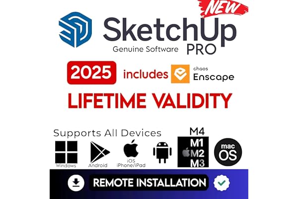 SketchUp Pro 2025 (New Version) + Enscape/ Vray/ Blender/ Layout Rendering Software (100% Genuine) 32/64 bits For Windows & Mac (M1, M2, M3, M4) 1 Device Remote Setup Included Lifetime Validity