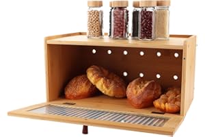 AKOLAFE Chlebak drewniany, bambusowy, brązowy, 40 x 24 x 20 cm, chlebak, możliwość układania w stos, pojemnik do przechowywania chleba z pokrywką, do przechowywania świeżego chleba, żywności