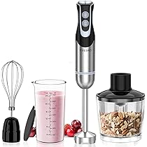5 In 1 Frullatore a Immersione Da 1000W con 24 Velocità e Modalità Turbo, Lame In Acciaio Inossidabile, con Bicchiere per Miscelare da 600ML, Tritatutto da 500ML, Frusta e Montalatte (Nero