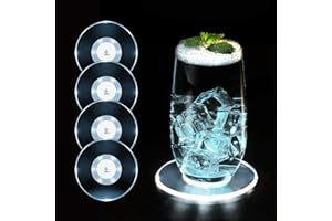 MEDOYOH 4er-Set Kühle Weiß LED Untersetzer für Getränke, ON/Off Wasserdicht Rund Untersetzer Acryl für Gläser Flaschen Partys Hochzeiten Bar Weihnachten Pub