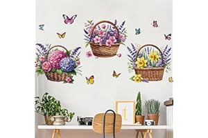 FUFUQUARE Viola Fiore Cesto Adesivi Murali Elegante Farfalla Floreale Bouquet Decalcomanie Della Parete Peel e Bastone Decorazioni per Camera da Letto Soggiorno Vivaio Cucina WC Sedile Coperchio
