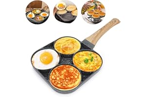 LOMUG Poêle à 4 Emplacements, Poele a Pancakes et Crêpes Poêle à Omelette Antiadhésive en Aluminium pour Petit-déjeuner Oeuf Au Plat Hamburger pour Cuisinière à Gaz Induction