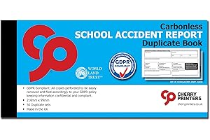 Cherry Printers School Accident Report Book GDPR | 2-Part Carbonless Duplicate Book | 50 Sets | 210mm x 99mm Size with Both Copies Perforated | for Schools and Educational Institutions **10 Pack**
