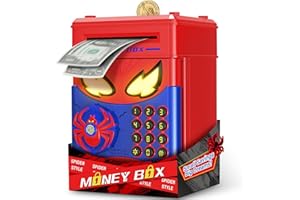 Ltteaoy Hucha Caja Fuerte Niños, Hucha Electrónica con Contraseña y Botón de Huella Digital, Función Automática de Introducción de Billetes, Juego Educativo Spider 3-12 Años