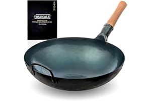 YOSUKATA Woks Et Poêles à Frire 36 cm À Fond Rond Pré-Assaisonné En Acier Carbone Bleu - Compatible Avec Les Cuisinières À Gaz Et Les Feux Ouverts, Barbecue Et Camping - Chinois Traditionnel