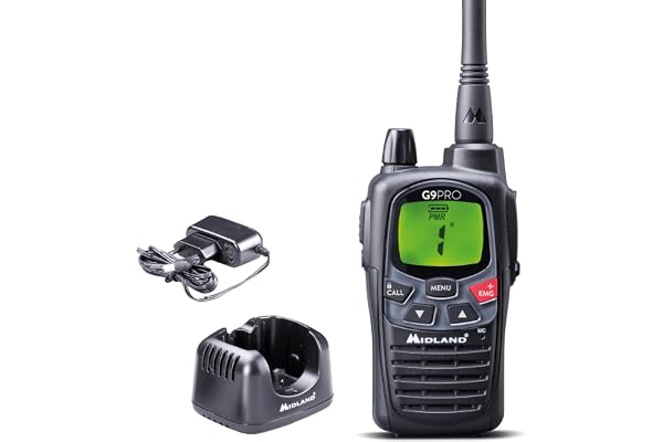 Midland - Talkie Walkie Longue Portée 12Km Professionnel G9 PRO, Radio Récepteur Émetteur IPX4 Étanche Waterproof Airsoft et Outdoor 103 Canaux - 34 PMR446/69 LPD, Autonomie 23H, 4 Piles Rechargeables