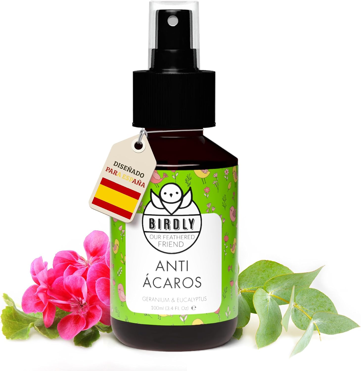 Birdly Spray Anti Acaros para Aves - Apto para Canarios, Periquitos, Agapornis y Gallinas - 100ml - Protege tu Pajaro y su Jaula de Ácaros, Piojos y Pulgas - Insecticida Piojos Gallinas Tratamiento
