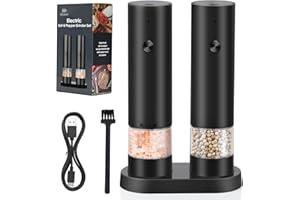 iWarmbase Juego de Molinillos Eléctricos- de Sal y Pimienta Recargable USB con Base de Almacenamiento - Molinillo de Especias con Grosor Ajustable, Recipiente Lavable para Cocina/Picnic/Barbacoa