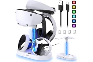 Station de Charge pour PSVR2 avec 9 Lumières RGB, MENEEA Station de Charger pour Manette Playstation VR2, Support de Casque et 4 Ports de Chargement Magnétiques de Type C