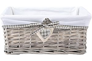 GREEN LEAVES Natural Wicker Storage Basket with Lining Hamper Baskets for Gifts Empty Baskets for Shelves (Grey Washed, Large)