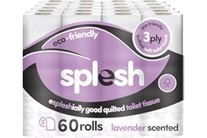 Splesh by Cusheen Toilet Roll 60 Rolls - Lavender Scent Bulk Family Pack | Soft 3 Ply Quilted Bathroom Tissue Loo Rolls | Eco-Friendly, Sustainable Toilet Paper
