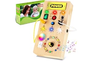 AHJ Busy Board Montessori Activity Board a Partire da 1 anno 2 anni Giocattolo Montessori in Legno con 8 interruttori, 15 luci a LED, 4 Musica per Neonati e Bambini Piccoli Educazione sensoriale 3 anni