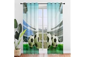 Hiseng 2 Pezzi Tende Voile Trasparente, Decorativi Sheer Tenda Calcio per Soggiorno Ragazzo Camera Cameretta Balcone Finestra e Interni,Semi Trasparente Tenda Leggera (140x275cm,Nero)
