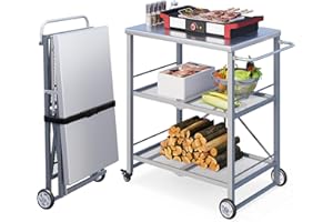 UNIONLINE Foldable Stainless Pizza Oven Table with Handle,3-Tier Outdoor Grill Cart Trolley on Wheels, Garden Dining Cart Movable BBQ Stand Grey