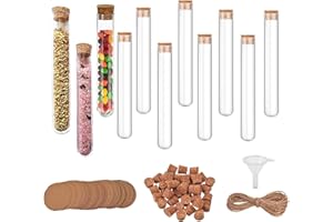 FEBSOW Tubos de ensayo con corcho, 15 x 100 mm (13 ml), tubo de ensayo de plástico con colgante de papel kraft, cuerda de cáñamo, embudo, recipientes de ensayo para manualidades, caramelos, líquidos,