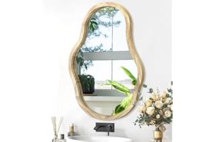 LZUSO Irregular Wooden Framed Wall Mirror Asymmetrical Unique Shape Cloud Mirror Modern Wavy Decorative Mirror Natural Mirror for Large Wavy Irregular Decor Artistic Asymmetrical Mirror