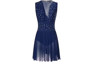 Oyolan Femme Robe Patinage Artistique Justaucorps Gymnastique Danse Strass sans Manches Tenue Danse Contemporaine S-XXL