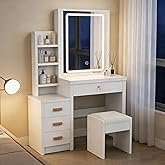 Oyajia Tocador de Maquillaje con Luz LED y Taburete y Espejo Deslizante | Tocador Blanco con Espejo, Moderno, Mesa de Maquill