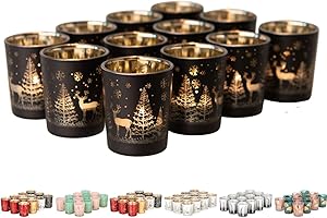 Kamelio 12er Set Teelichthalter Weihnachten Glas Windlicht Weihnachten Teelichtgläser Teelichtglas Kerzengläser Weihnachtsdeko Teelicht Weihnachts Windlichter Glas Deko