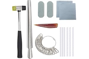 NIUPIKA Ensemble d'outils de fabrication de bijoux comprenant un marteau en caoutchouc de bijoutier, une jauge de taille de doigt de A à Z, un mandrin à anneau, un chiffon de polissage, un brunissoir