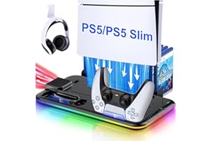 CoguyTech Standfuß für PS5/ PS5 Slim mit Lüfter und Controller Ladestation, Kühler Ständer RGB Licht für PS5 Halterung mit USB Ports/Headset Halter/Aufbewahrung für PS5 Zubehör, Schwarz
