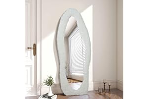 YOSHOOT Specchio a forma di onda, grande specchio da pavimento, con cornice in legno avvolta in flanella, grande da appendere o appoggiare (capelli di leone bianco)