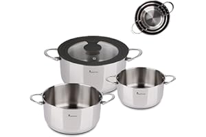 MasterPRO Foodies - Batterie de cuisine - 4 pièces avec des casseroles de 4, 20 et 24 cm et un couvercle en verre - fabriqué en acier inoxydable - compatible avec toutes sortes de cuisines