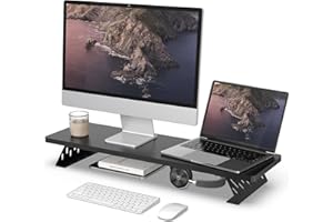 Fenge Supporto per Doppio Monitor in Legno, Organizer Ergonomico per Scrivania per PC, Laptop Stampante, L80xW23,5 xH10cm Capacità di Carico 25KG Nero